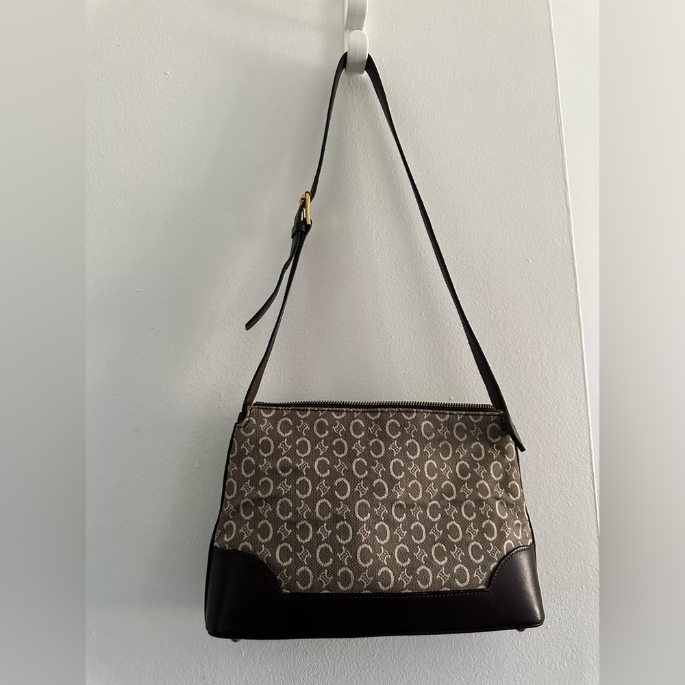 Vintage Authentic Celine Triomphe Shoulder Bag with Chocolate Brown Trim
